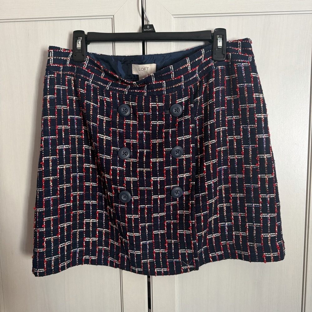 LOFT Women's Navy and Red Checkered Mini Skirt